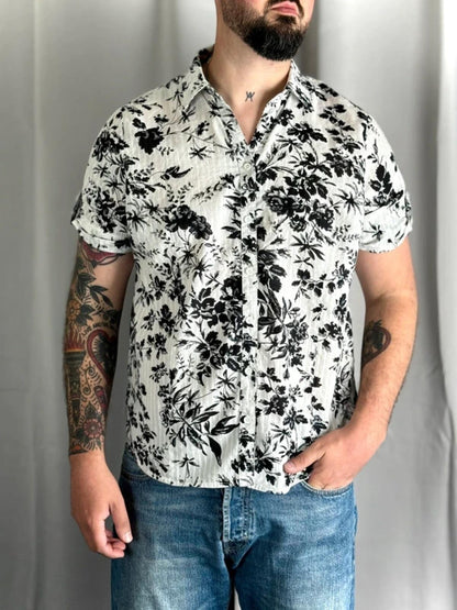 Vintage Black & White Floral Boxy Blouse Shirt Ladies XL