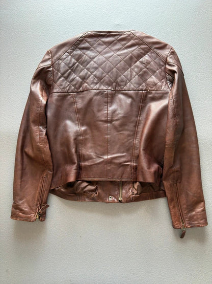 Y2K Brown Asymmetrical Leather Bomber Jacket XL Ladies