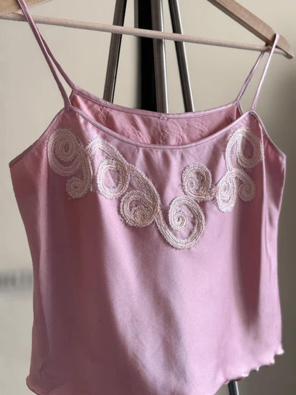 Y2K Silk Cropped Cami Top Pink Lace Embroidery Medium