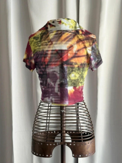 Y2K Mesh Tie Front Crop Top Abstract Print Fairycore Coquette UK 14