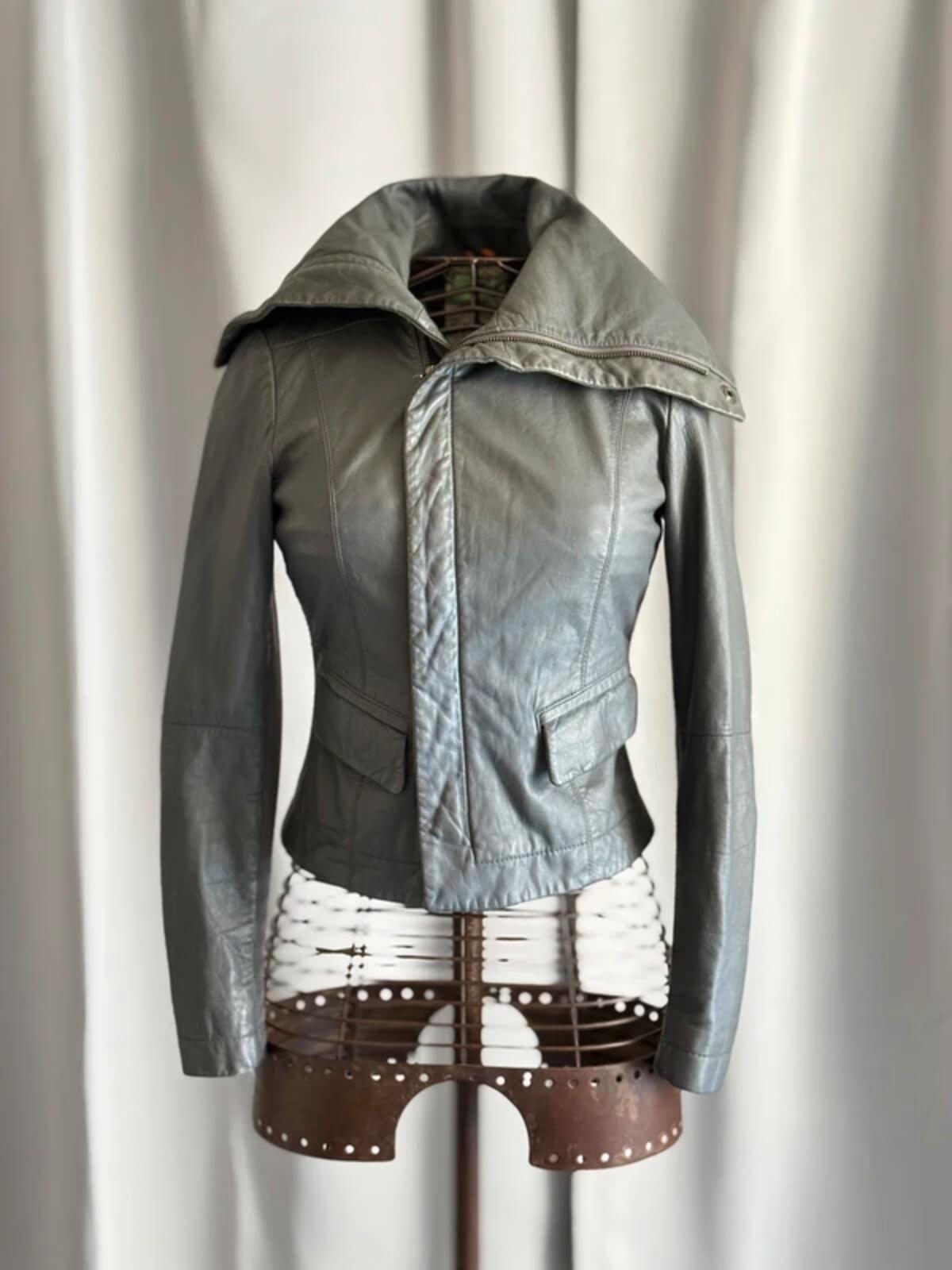 Y2K Grey Funnel Neck Leather Jacket XS Cropped
