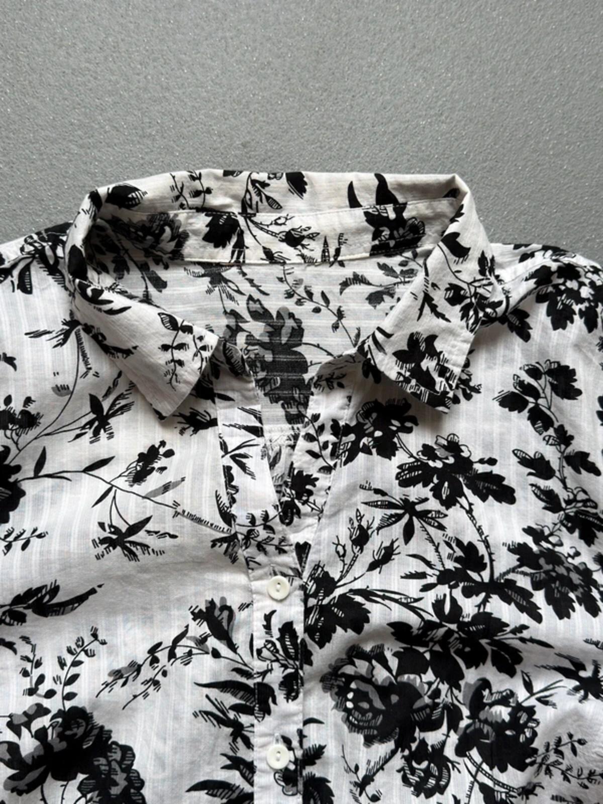 Vintage Black & White Floral Boxy Blouse Shirt Ladies XL