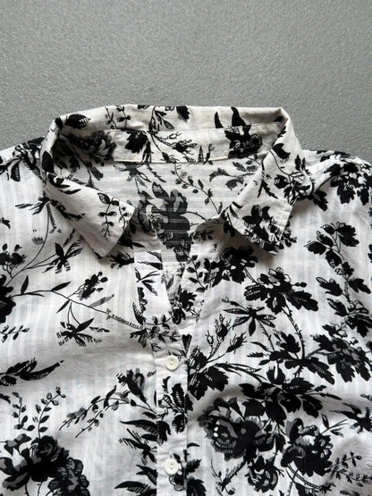 Vintage Black & White Floral Boxy Blouse Shirt Ladies XL