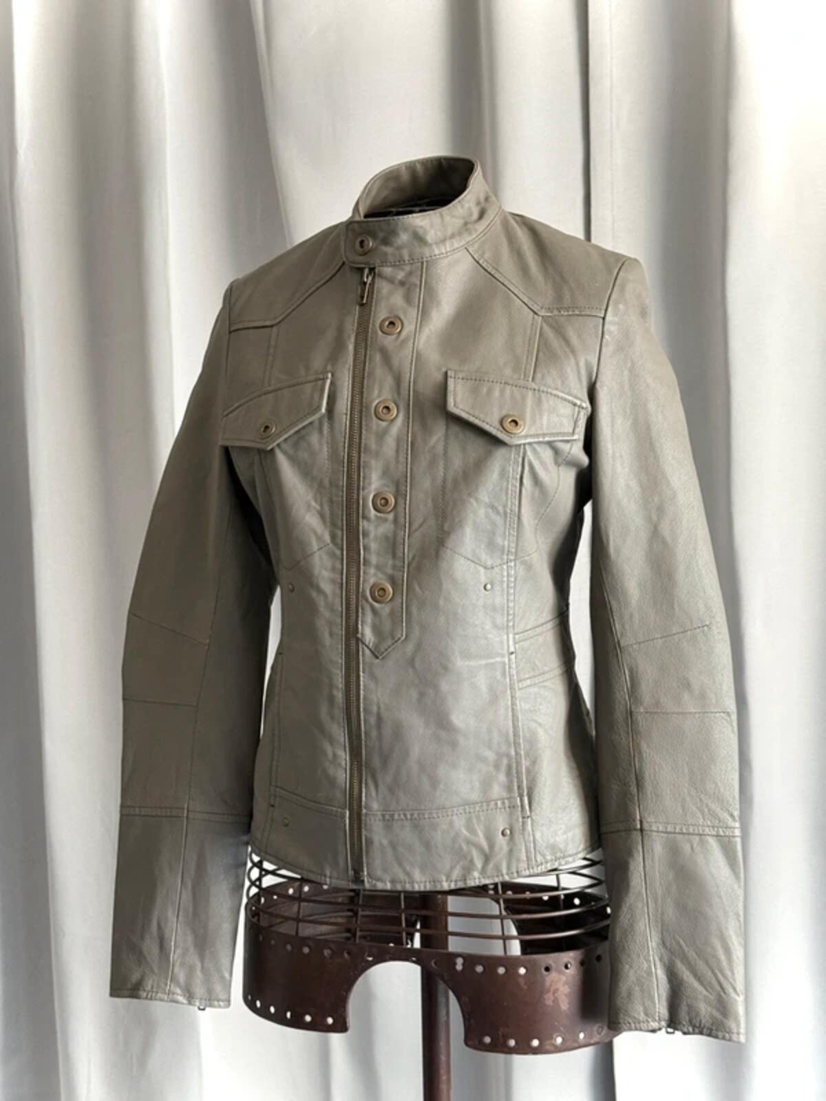 2000s Grey Leather Biker Jacket Size 8