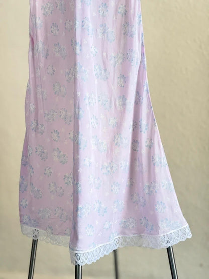 Y2K Lilac Silky Babydoll Slip Dress Floral Lace Medium