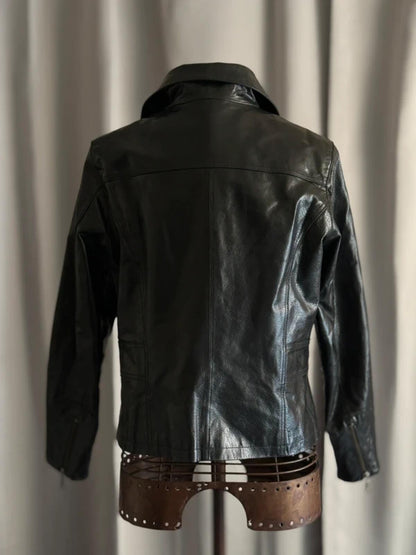 Vintage Black Leather Moto Jacket Medium Biker Y2K Zip Detail Grunge