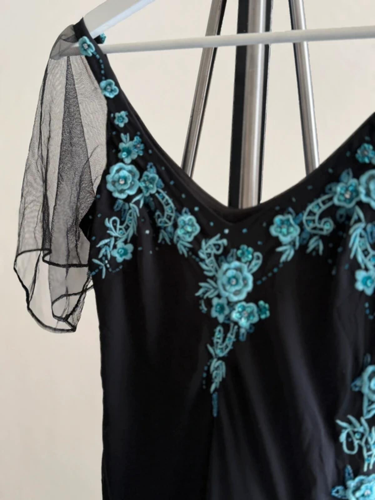 Floral Patch Embroidery Fairy Mesh Sleeve Dress UK 12
