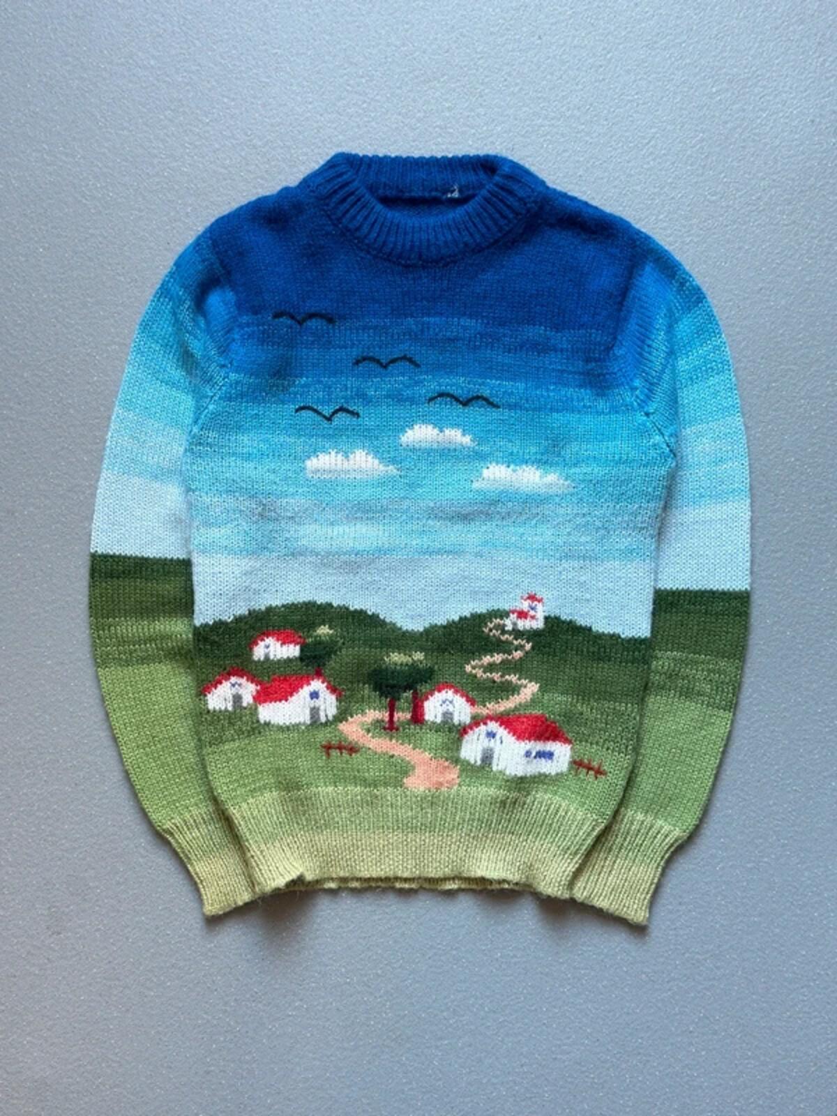 Vintage Sea Country Scene Hand Knit Sweater Small Ladies