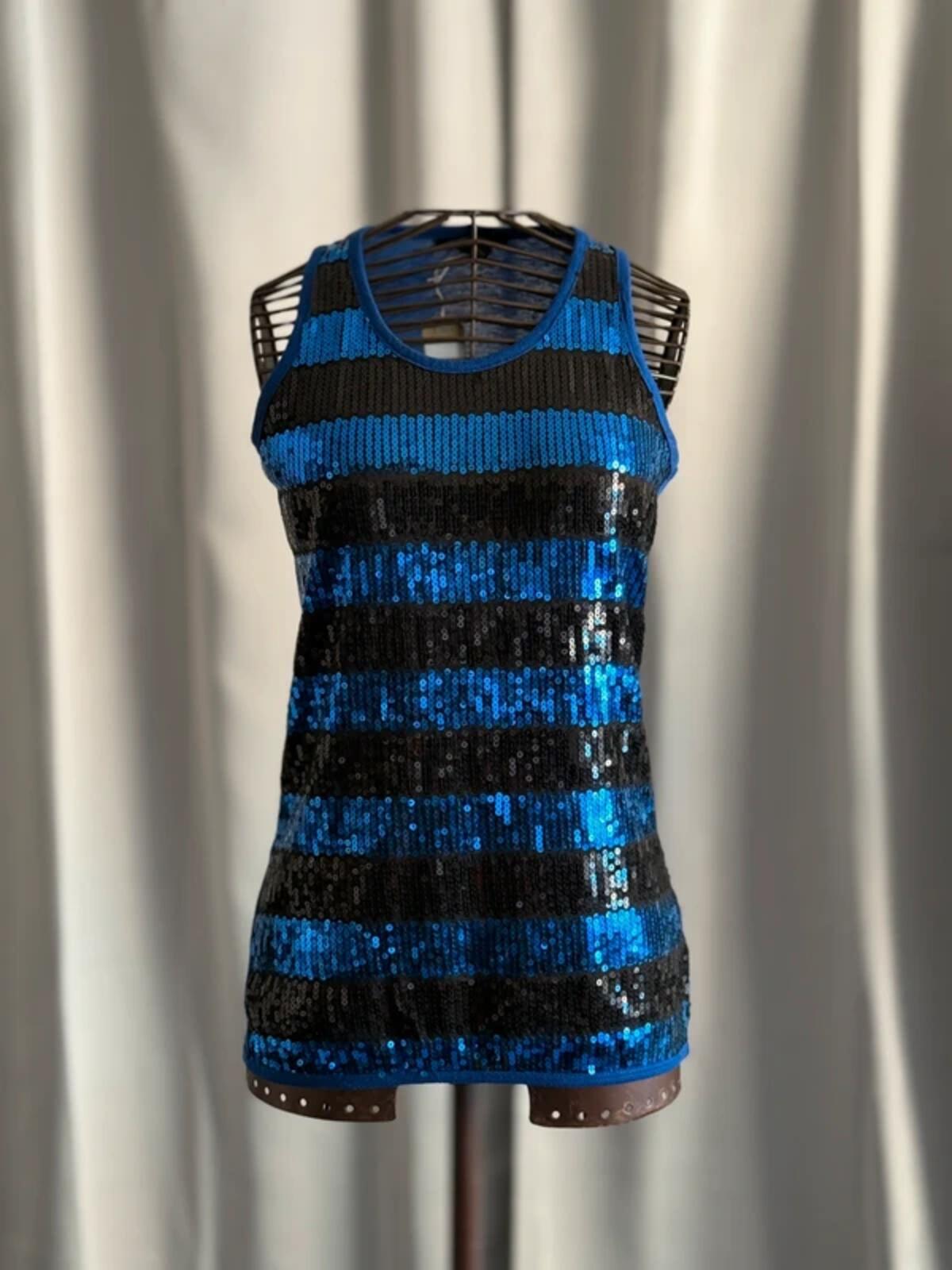 Y2K Indie Striped Sequin Vest Small Black & Blue
