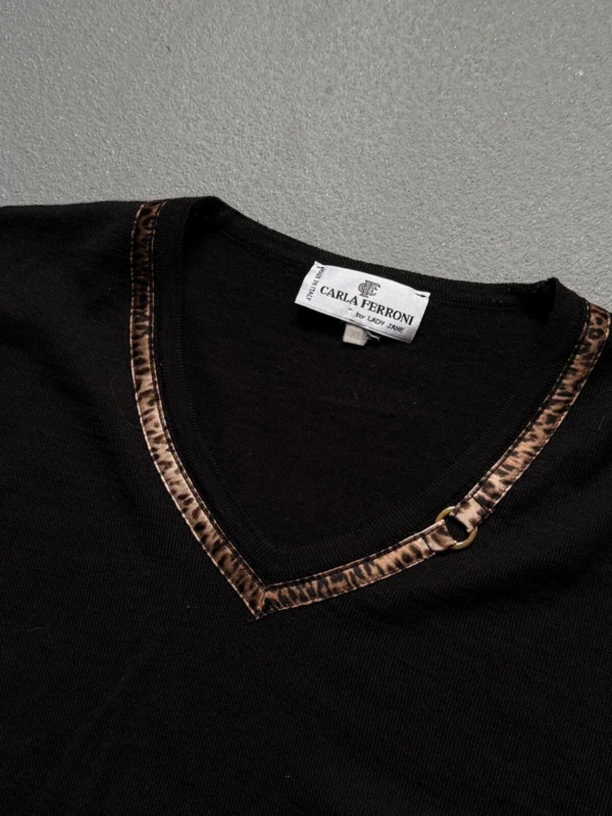 Carla Ferroni Black V-Neck Top Leopard Trim Detail Merino Wool Size XL Made in Italy