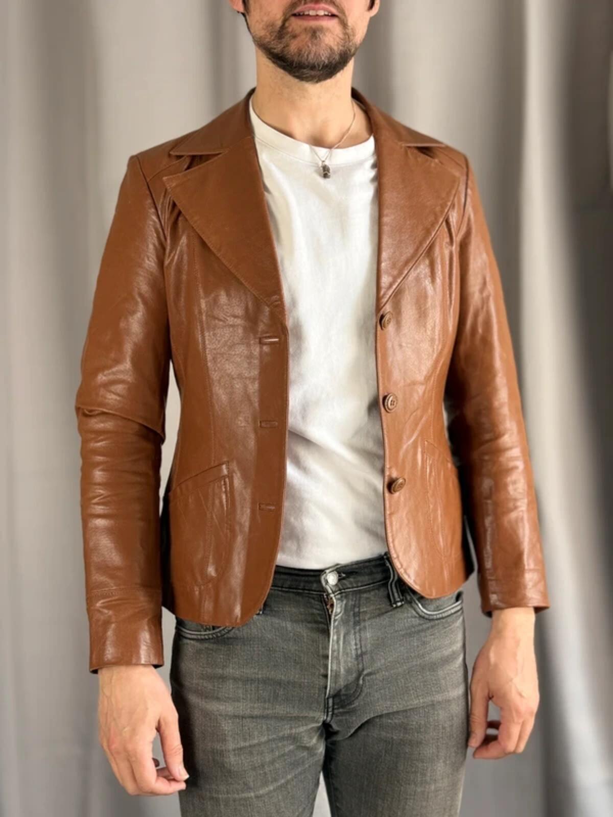 Vintage Brown Leather Blazer Jacket Large Y2K