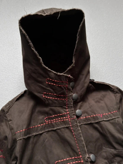 Y2K Brown Utility Parka Coat Size 8 Glitter Embroidery