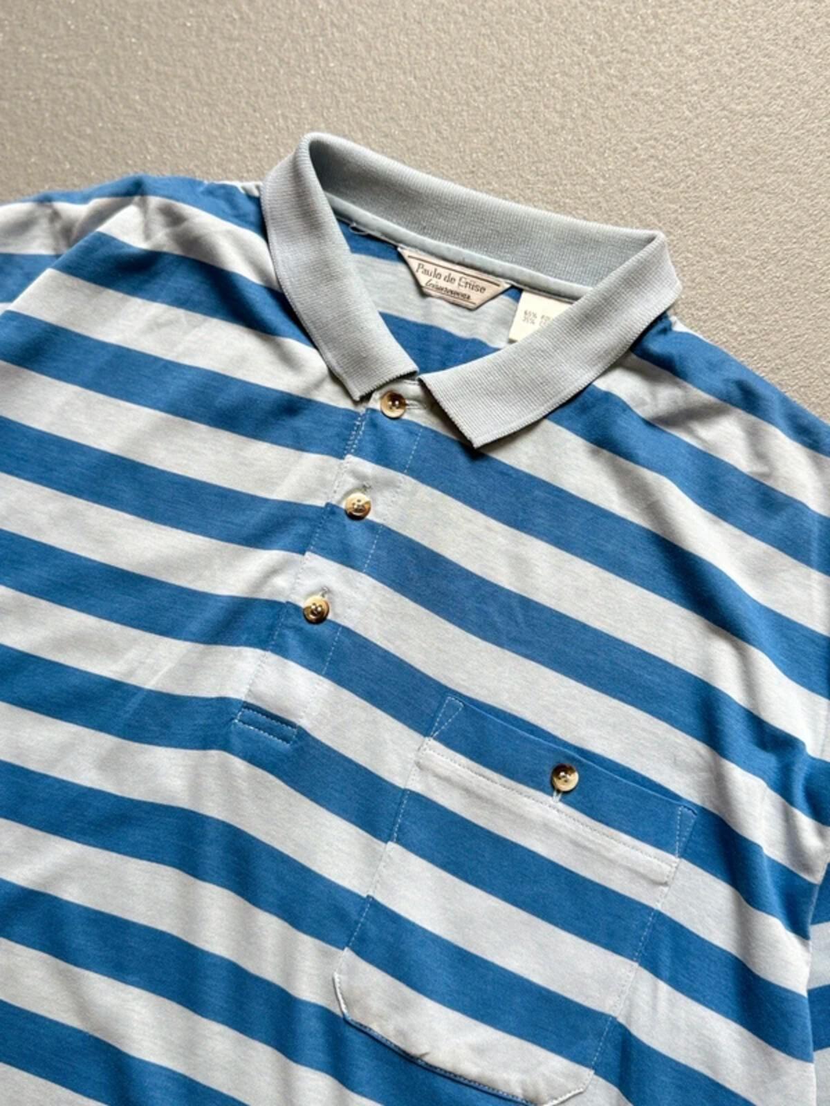 70s Vintage Stripe Polo Shirt Medium Blue Mens