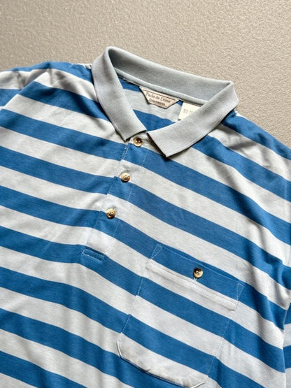 70s Vintage Stripe Polo Shirt Medium Blue Mens